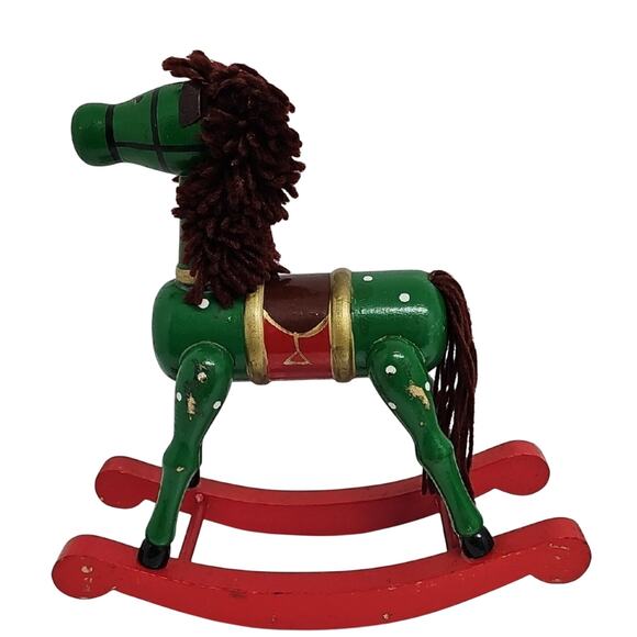 Vintage Classic Green and Red Wooden Rocking Horse w/Yarn Mane Christmas Decor - Picture 2 of 11